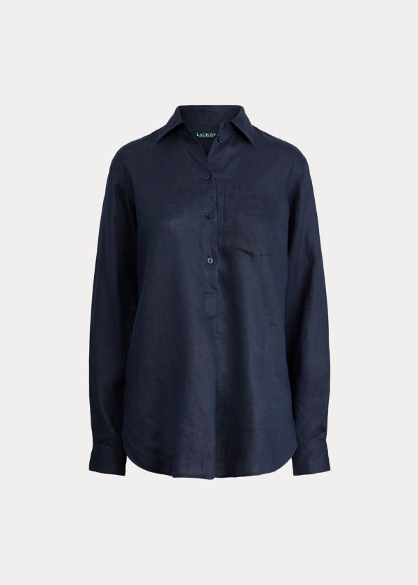 Ralph Lauren Linen Long-Sleeve Shirt Tmavě Blankyt | lmMo0PNC