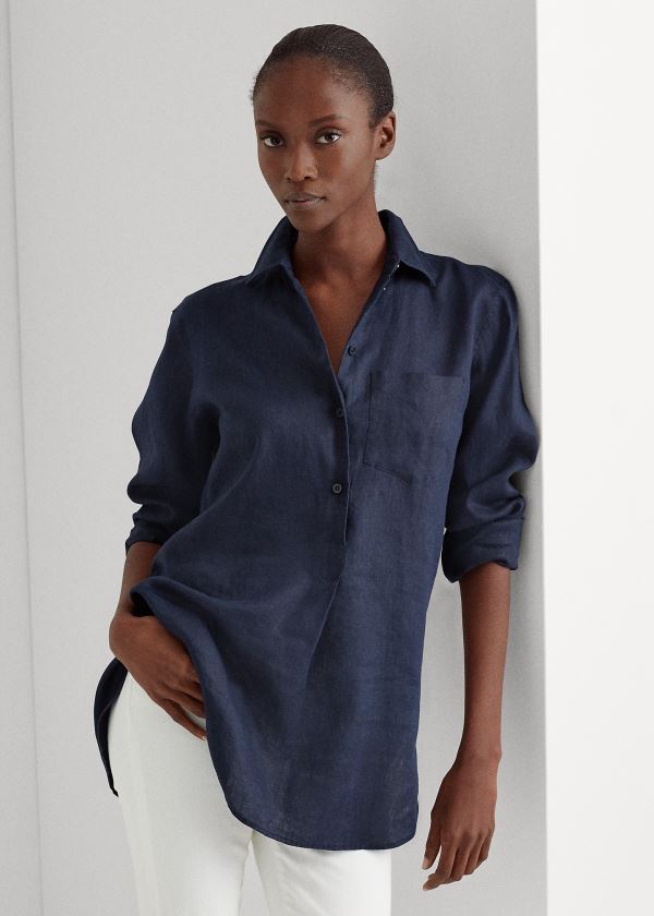Ralph Lauren Linen Long-Sleeve Shirt Tmavě Blankyt | lmMo0PNC