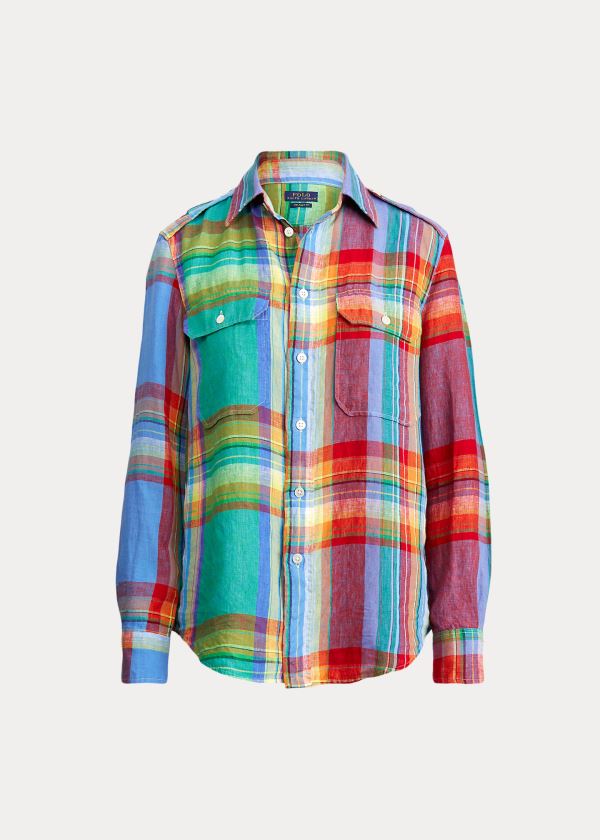 Ralph Lauren Linen Madras Shirt Oranžové Zelene | PIy7o9Sf