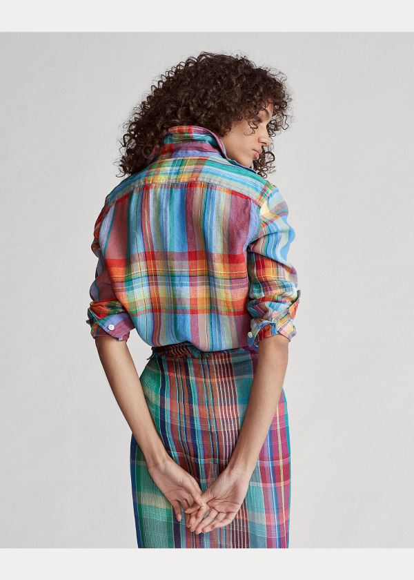 Ralph Lauren Linen Madras Shirt Oranžové Zelene | PIy7o9Sf
