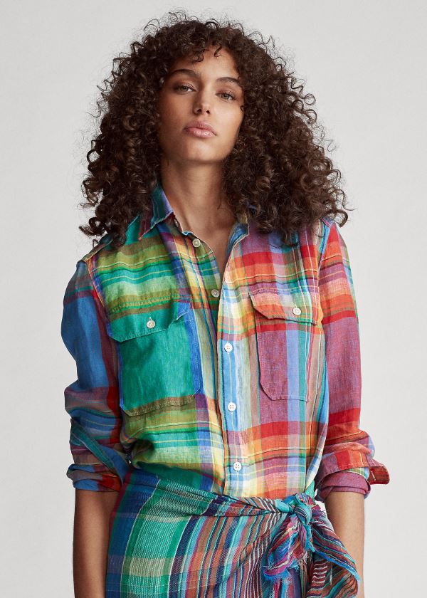 Ralph Lauren Linen Madras Shirt Oranžové Zelene | PIy7o9Sf