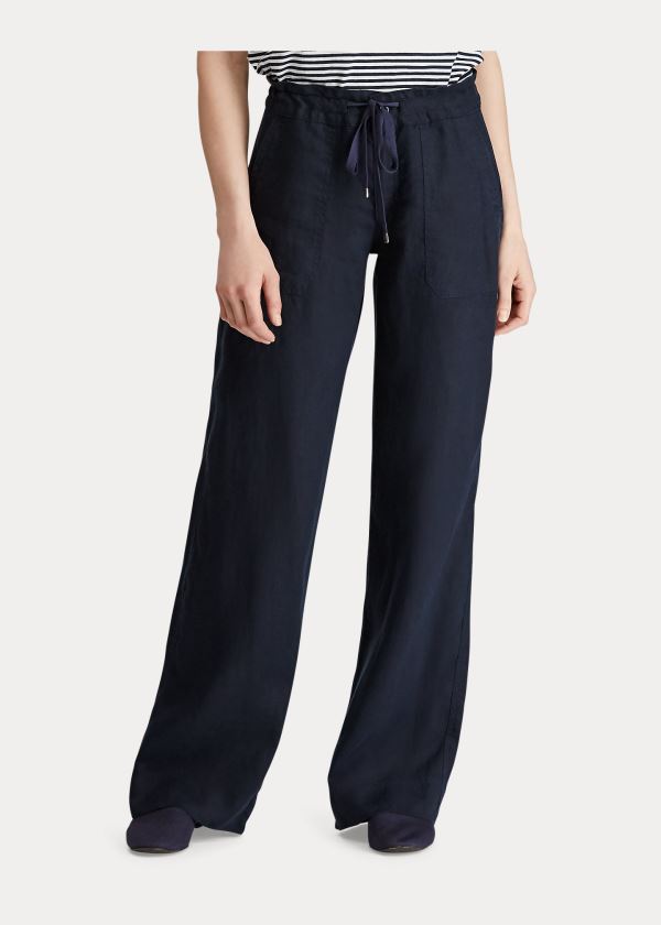 Ralph Lauren Linen Široké-Leg Pant Tmavě Blankyt | rwbJZNu0