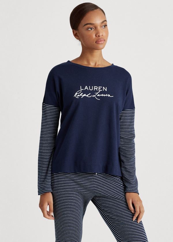 Ralph Lauren Logo Pajama Top Tmavě Blankyt Proužek | q1xcdrkV