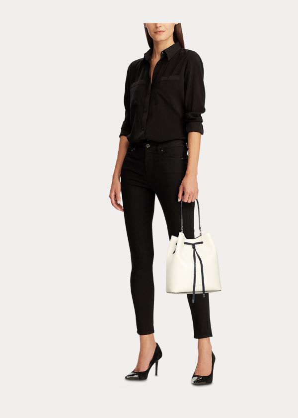 Ralph Lauren Læder Debby Drawstring Bag Bílé Tmavě Blankyt | q8w51fYT