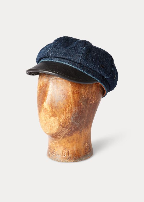 Ralph Lauren Læder-Denim Motorcycle Cap Tmavě Blankyt Blankyt Světle Modré | r0qrtZkX