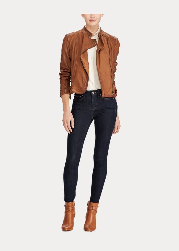 Ralph Lauren Læder Moto Jacket Tmavě Hnědé | Eu6xIGVX