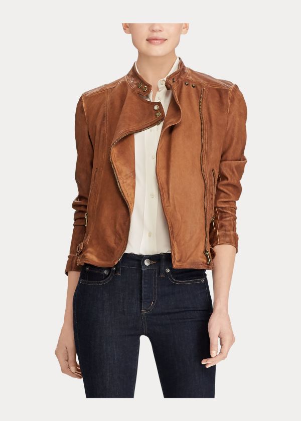 Ralph Lauren Læder Moto Jacket Tmavě Hnědé | Eu6xIGVX