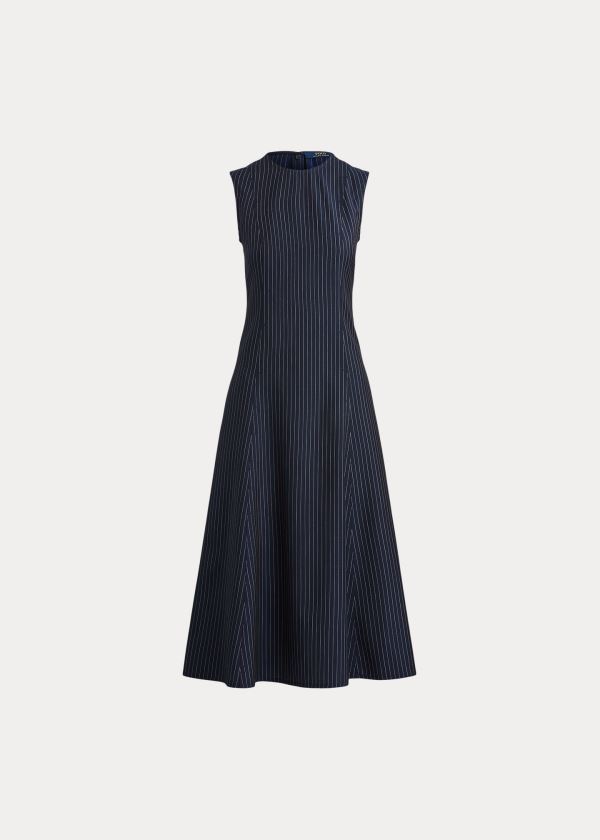 Ralph Lauren Pinstripe Wool Šaty Tmavě Blankyt | frcJCFky