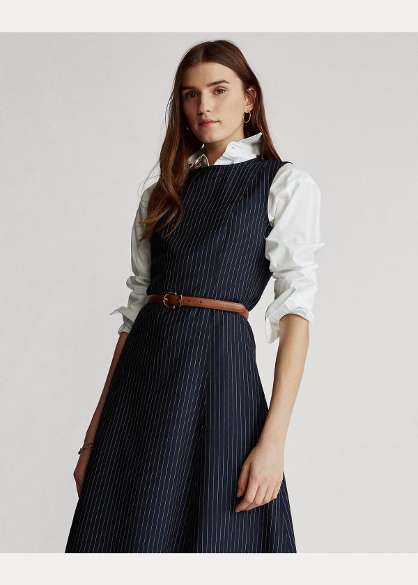 Ralph Lauren Pinstripe Wool Šaty Tmavě Blankyt | frcJCFky