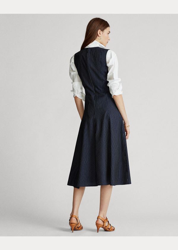 Ralph Lauren Pinstripe Wool Šaty Tmavě Blankyt | frcJCFky
