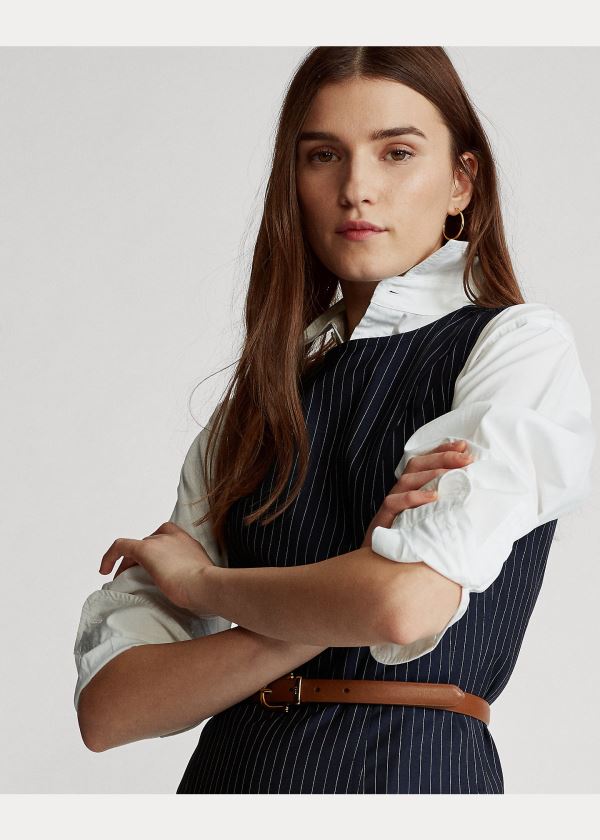 Ralph Lauren Pinstripe Wool Šaty Tmavě Blankyt | frcJCFky