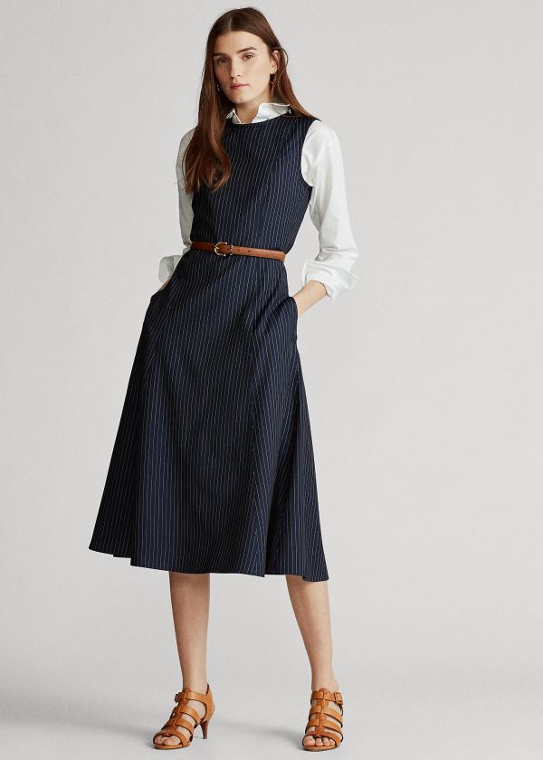 Ralph Lauren Pinstripe Wool Šaty Tmavě Blankyt | frcJCFky