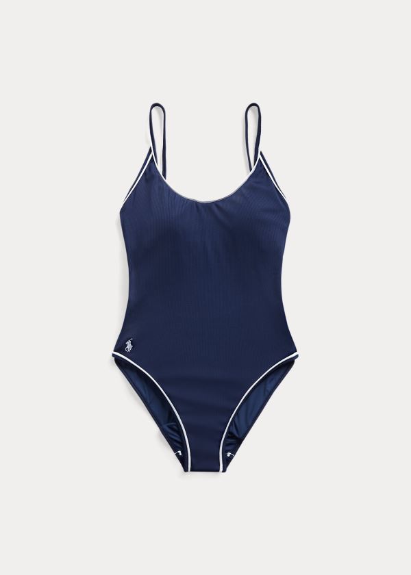 Ralph Lauren Piped-Trim Ribbed One-Piece Tmavě Tmavě Blankyt | 8NWghEjv
