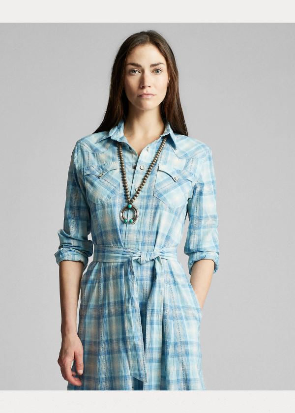 Ralph Lauren Plaid Bavlněné Shirtdress Světle Blankyt | reTQbL8f