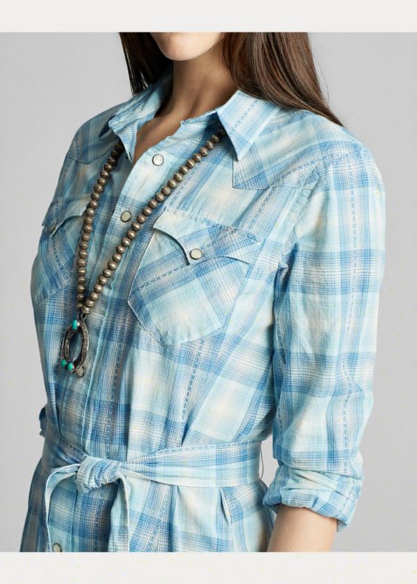 Ralph Lauren Plaid Bavlněné Shirtdress Světle Blankyt | reTQbL8f