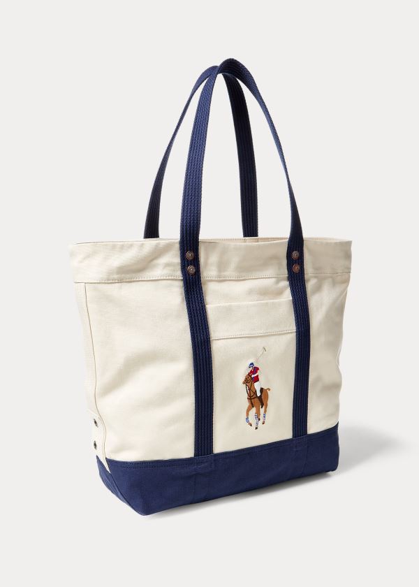 Ralph Lauren Platene Big Pony Tote Krém Tmavě Blankyt | 9xzVXtbb