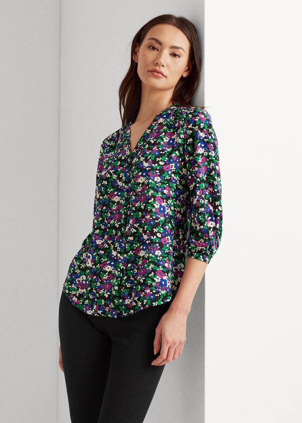 Ralph Lauren Pleated Georgette Top Černé Viacfarebný | 96RehL8G
