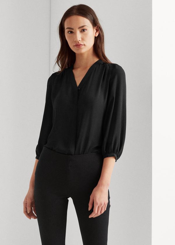 Ralph Lauren Pleated Georgette Top Černé | aqWEsktt