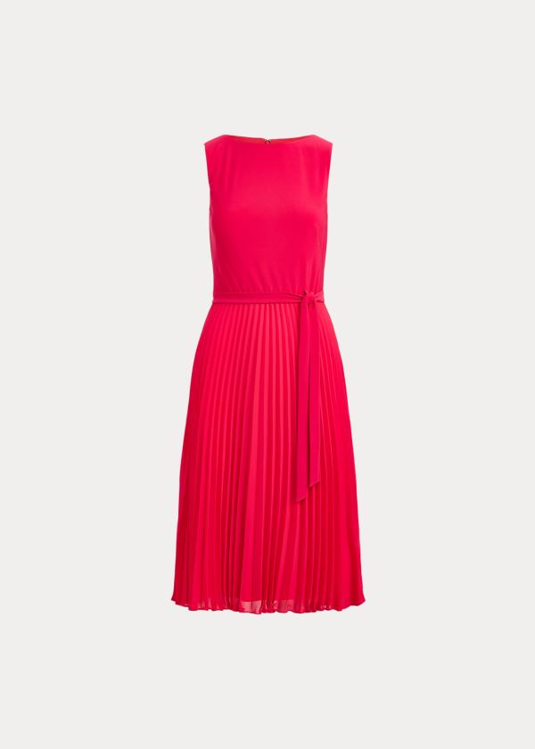Ralph Lauren Pleated Georgette Šaty Červené | r0q9Ajxs