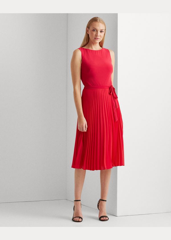 Ralph Lauren Pleated Georgette Šaty Červené | r0q9Ajxs
