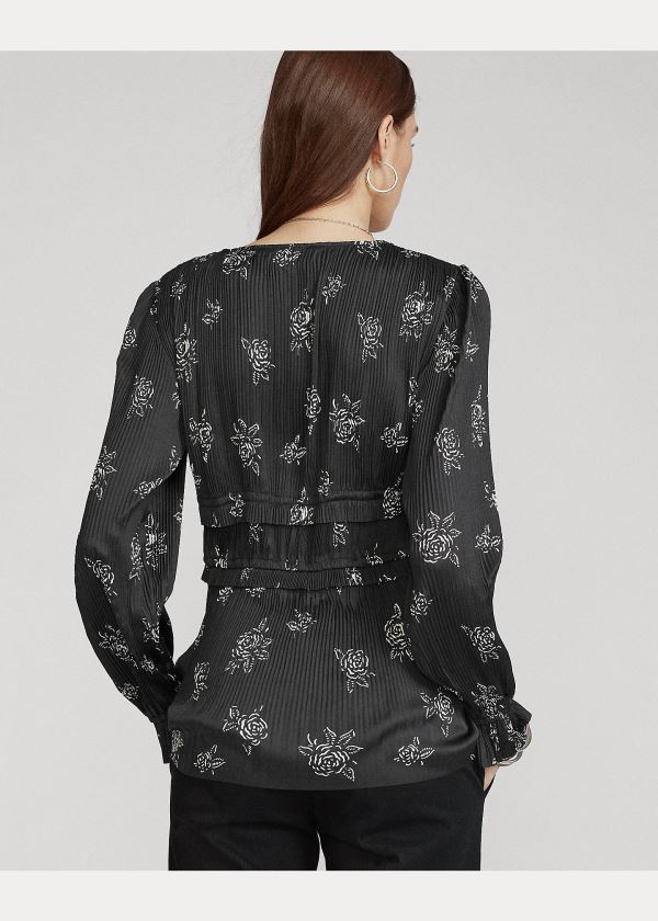 Ralph Lauren Pleated Rose-Print Blouse Černé Viacfarebný | UwDFzmRp