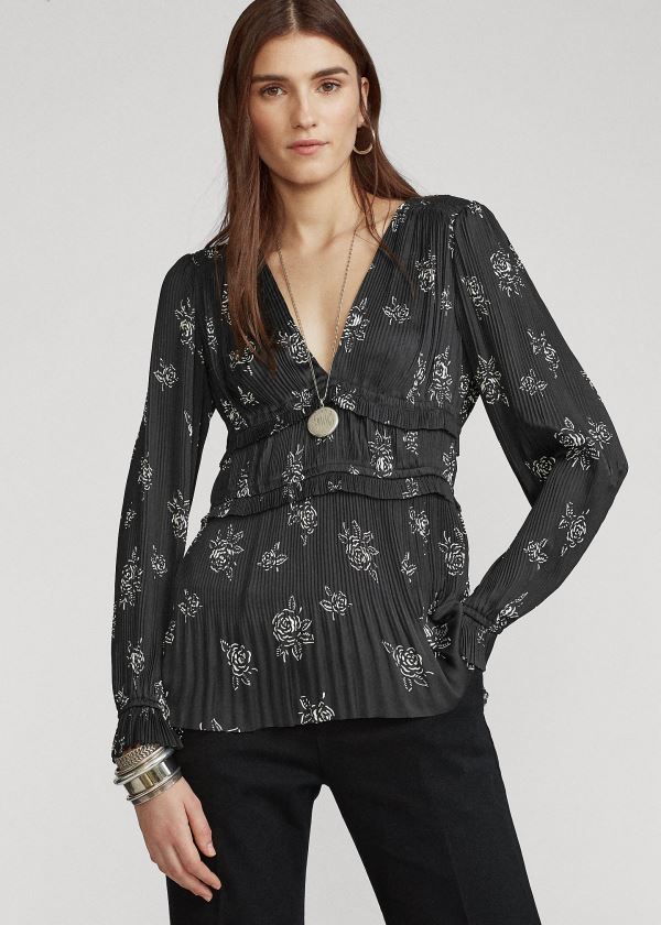 Ralph Lauren Pleated Rose-Print Blouse Černé Viacfarebný | UwDFzmRp