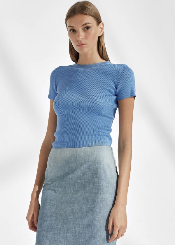 Ralph Lauren Rib-Knit Silk Tee Světle Blankyt | DuEzh0xy