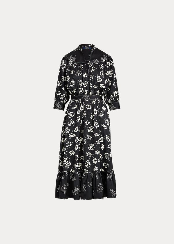 Ralph Lauren Rose-Print Satin Šaty Černé Bílé | gwY9n7Z1
