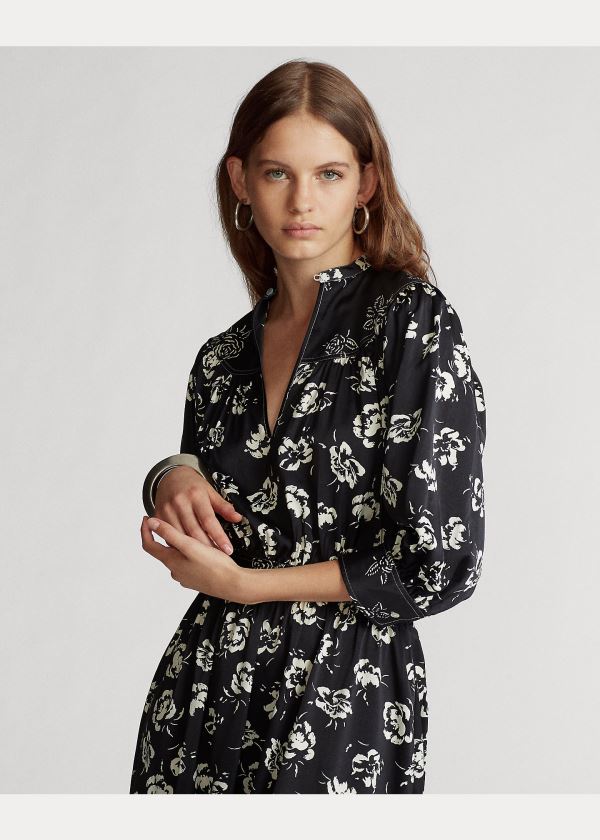 Ralph Lauren Rose-Print Satin Šaty Černé Bílé | gwY9n7Z1