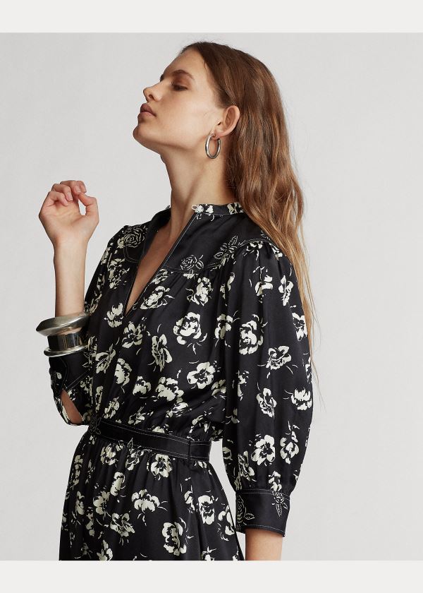 Ralph Lauren Rose-Print Satin Šaty Černé Bílé | gwY9n7Z1