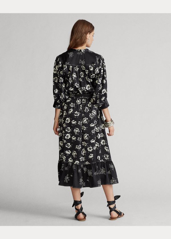 Ralph Lauren Rose-Print Satin Šaty Černé Bílé | gwY9n7Z1