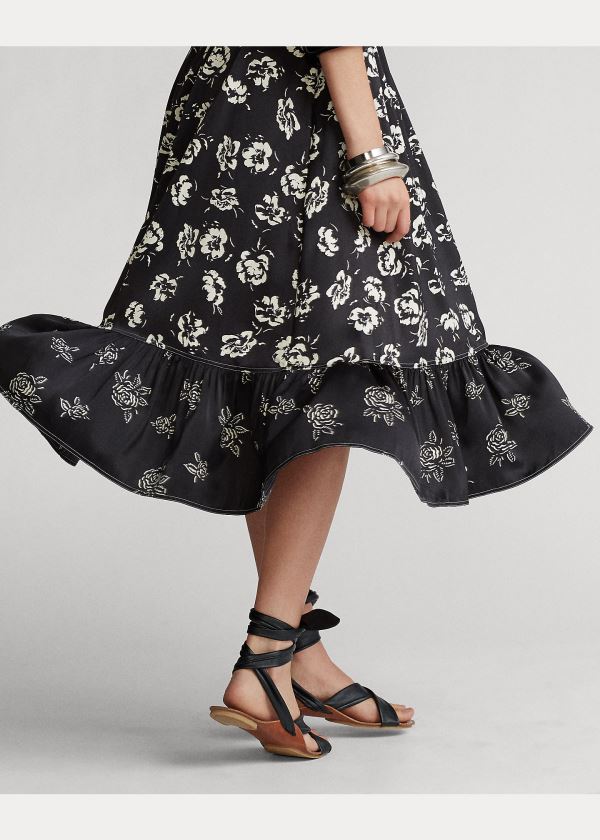 Ralph Lauren Rose-Print Satin Šaty Černé Bílé | gwY9n7Z1