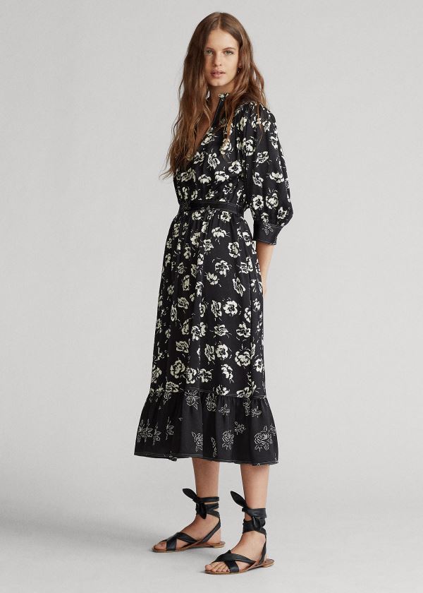 Ralph Lauren Rose-Print Satin Šaty Černé Bílé | gwY9n7Z1
