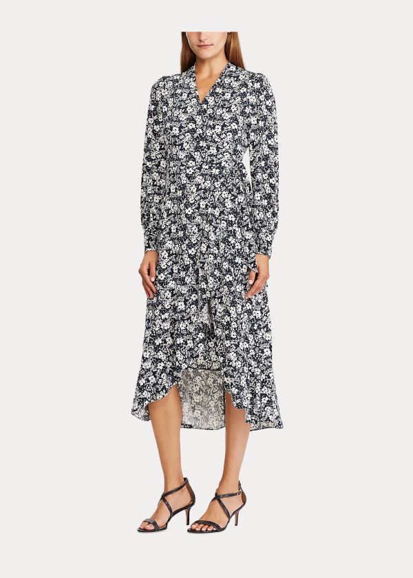 Ralph Lauren Ruffle Long-Sleeve Wrap Šaty Tmavě Blankyt Krém | 6zMKQhs0