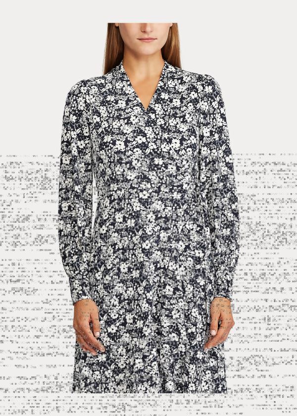 Ralph Lauren Ruffle Long-Sleeve Wrap Šaty Tmavě Blankyt Krém | 6zMKQhs0