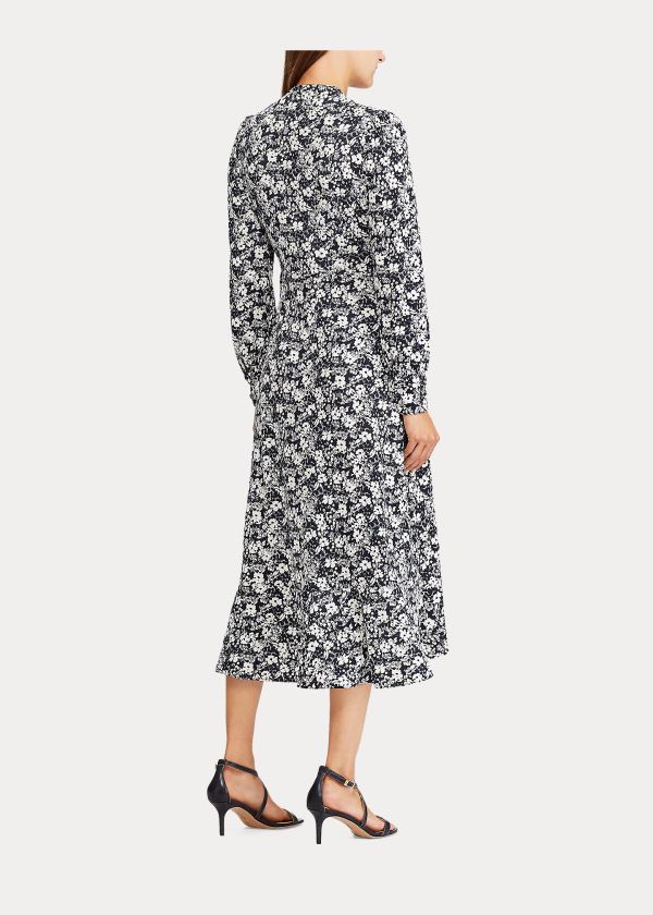 Ralph Lauren Ruffle Long-Sleeve Wrap Šaty Tmavě Blankyt Krém | 6zMKQhs0