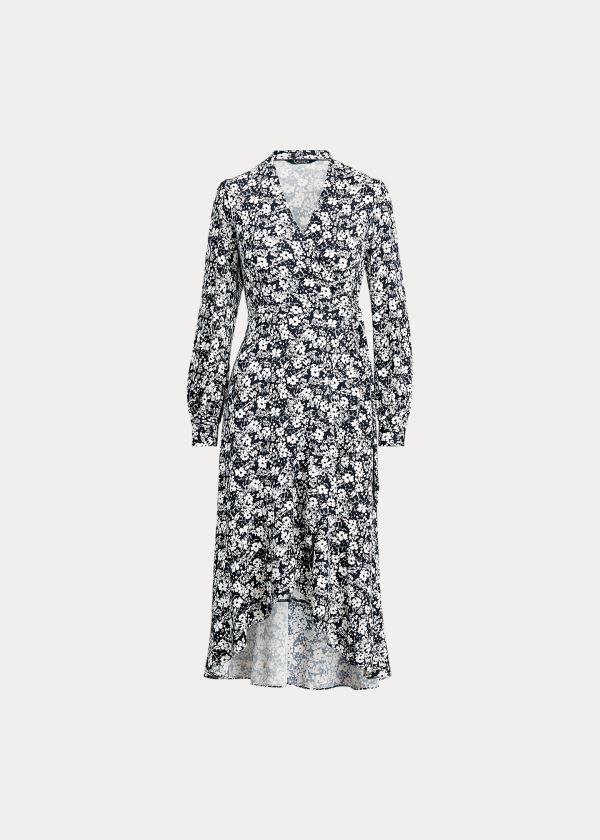 Ralph Lauren Ruffle Long-Sleeve Wrap Šaty Tmavě Blankyt Krém | 6zMKQhs0