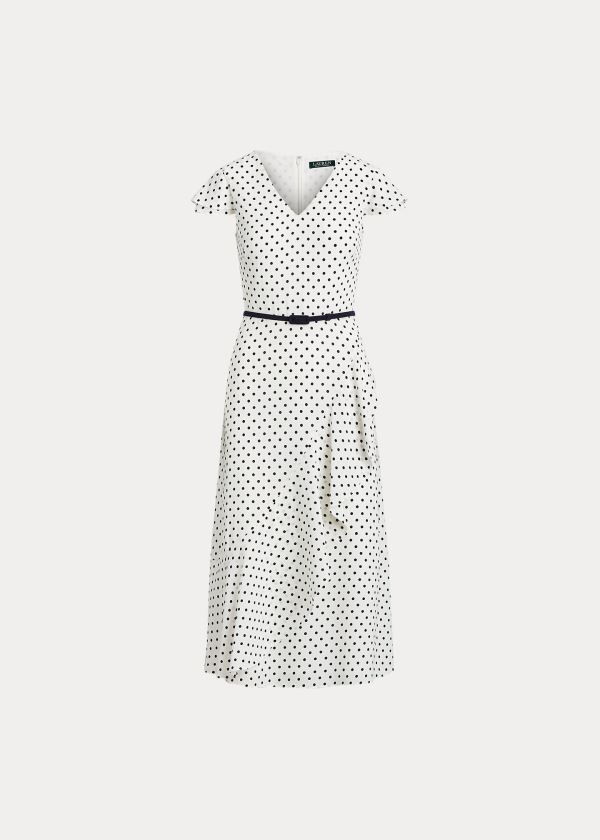 Ralph Lauren Ruffle-Trim Crepe Šaty Krém Tmavě Blankyt | l7qd4KMw