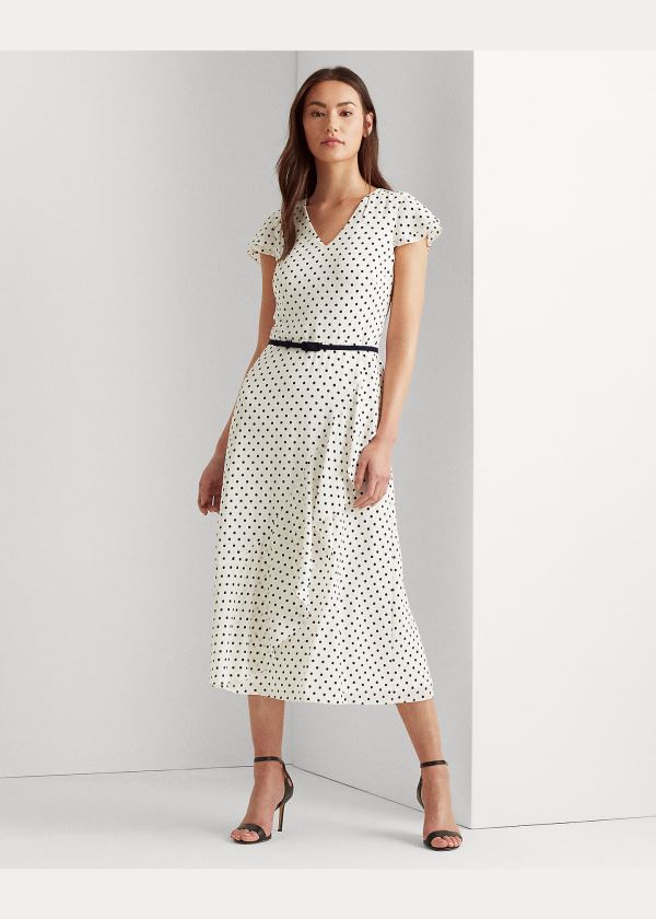 Ralph Lauren Ruffle-Trim Crepe Šaty Krém Tmavě Blankyt | l7qd4KMw