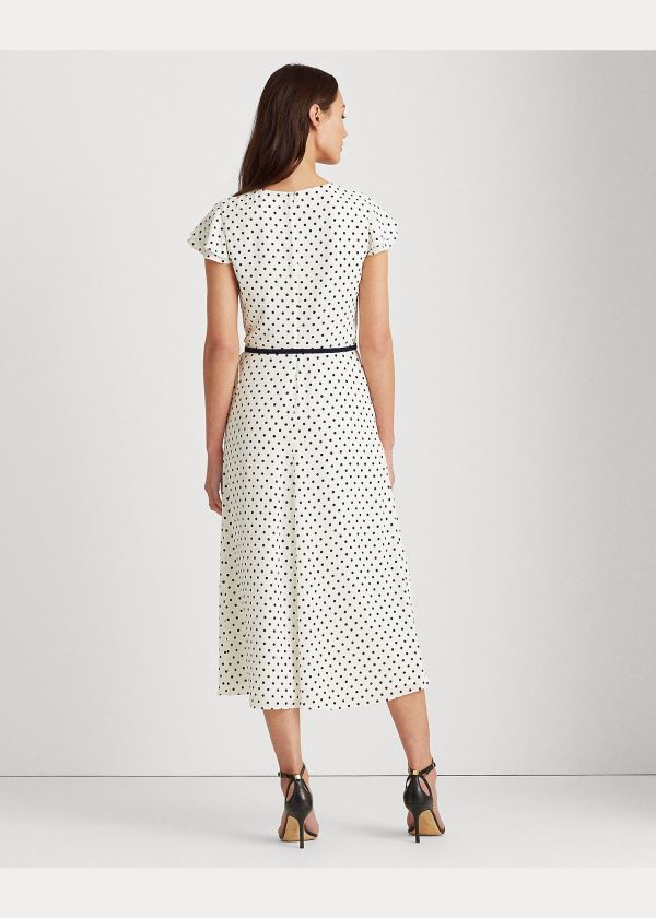 Ralph Lauren Ruffle-Trim Crepe Šaty Krém Tmavě Blankyt | l7qd4KMw