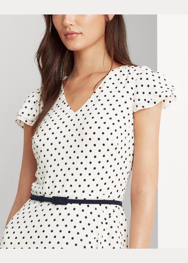 Ralph Lauren Ruffle-Trim Crepe Šaty Krém Tmavě Blankyt | l7qd4KMw
