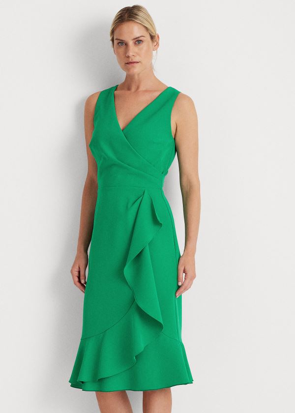Ralph Lauren Ruffle-Trim Crepe Šaty Zelene | I59Bt9rF