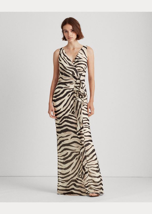 Ralph Lauren Ruffle-Trim Georgette Gown Krém Hnědé Viacfarebný | QJ1ugk32