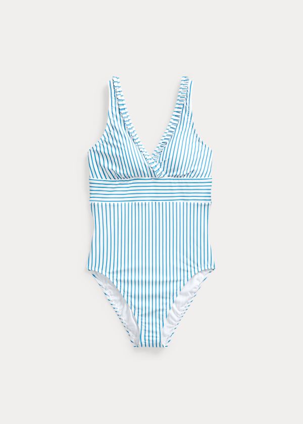 Ralph Lauren Ruffle-Trim Striped One-Piece Blankyt Bílé | ZYEybiYA