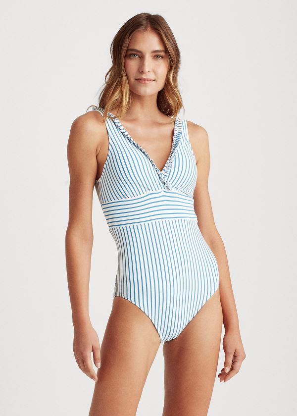Ralph Lauren Ruffle-Trim Striped One-Piece Blankyt Bílé | ZYEybiYA