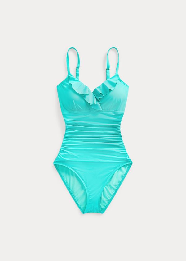 Ralph Lauren Ruffle-Trim V-Neck One-Piece Světle Blankyt | l0ix67xf