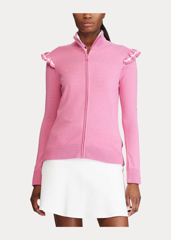 Ralph Lauren Ruffle-Trim Zip Golfové Svetrové Růžové | YNXqs3mT