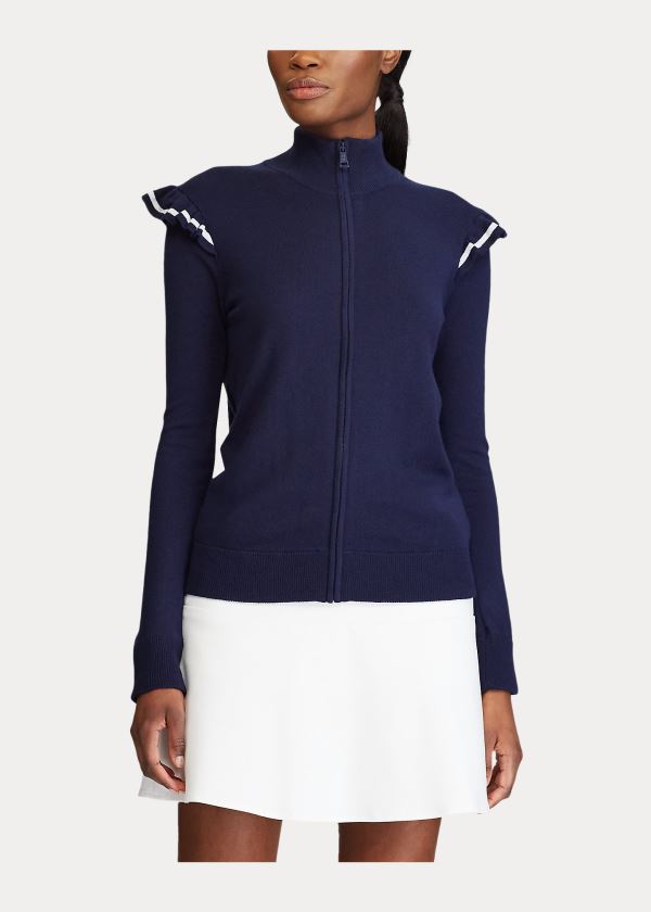 Ralph Lauren Ruffle-Trim Zip Golfové Svetrové Tmavě Blankyt | sda2ROcW