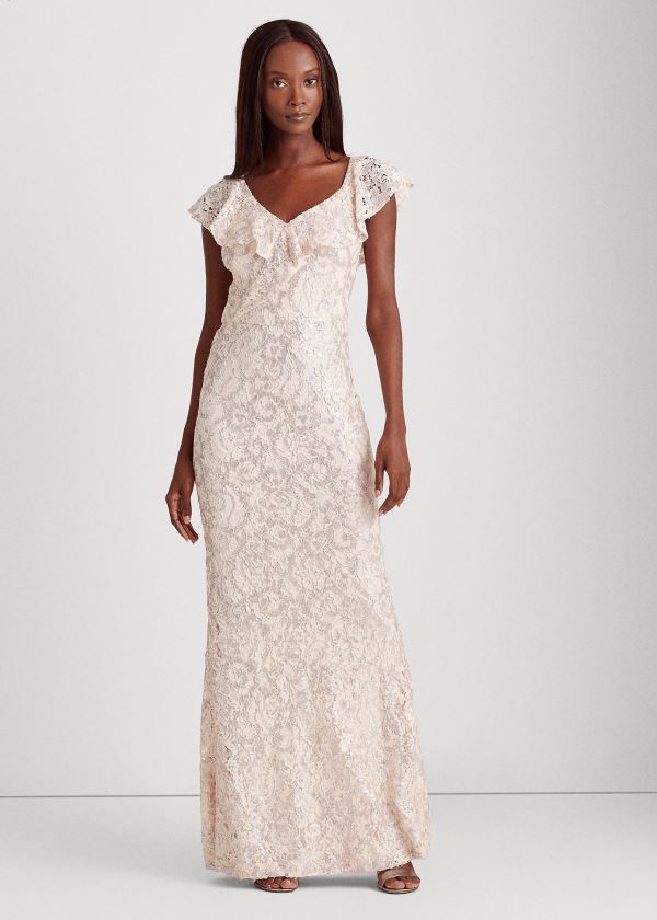Ralph Lauren Sequin-Krajkové One-Shoulder Gown Světle Růžové | XLslUts0