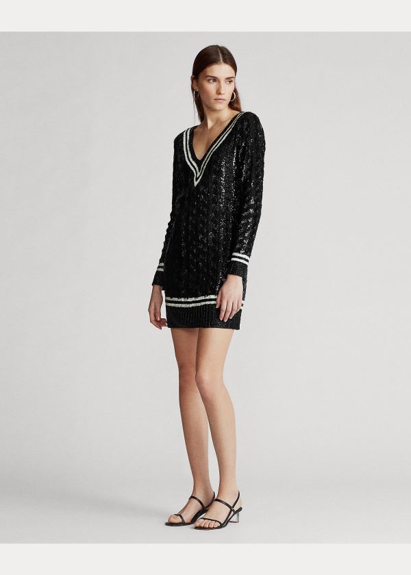 Ralph Lauren Sequined Cricket Svetrové Šaty Černé | Atapoax4